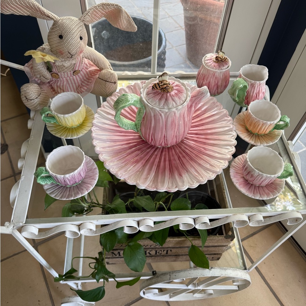 Colorful Ceramic Tea Set with Bunny Decor